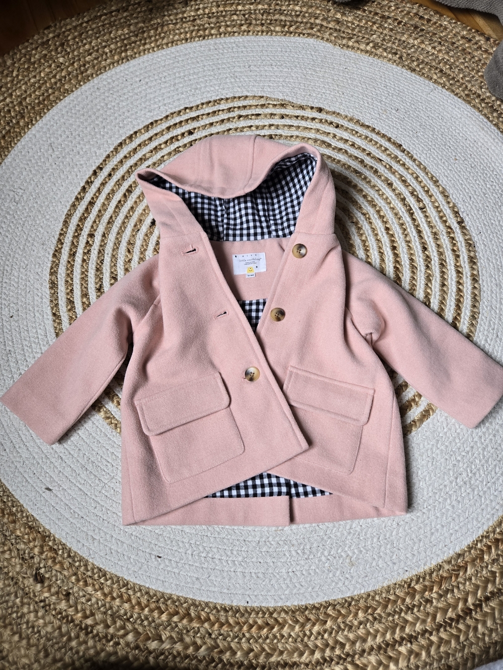 Rise Little Earthling Girls' Light Pink Hooded Pea Coat with Gingham Lining
